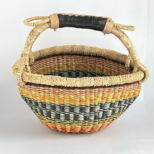 Bolga African Market Basket Orange Turquoise Green Hand Woven Wrapped Handle