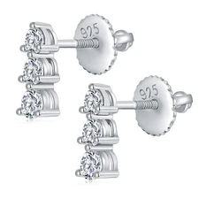 925 Sterling Silver 0.43 CTW Moissanite Three Stone Stud Earrings Screw Back