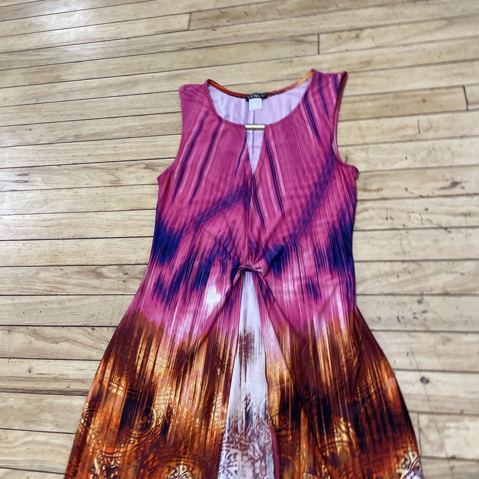 Venus Hi Low Top Woman M Pink Abstract Paisley Midi Gold Keyhole Sleeveless Boho