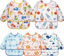 Long Sleeve Bibs 5 Pack - Baby Bibs, Waterproof Toddler Bibs, Baby Smock for Eat