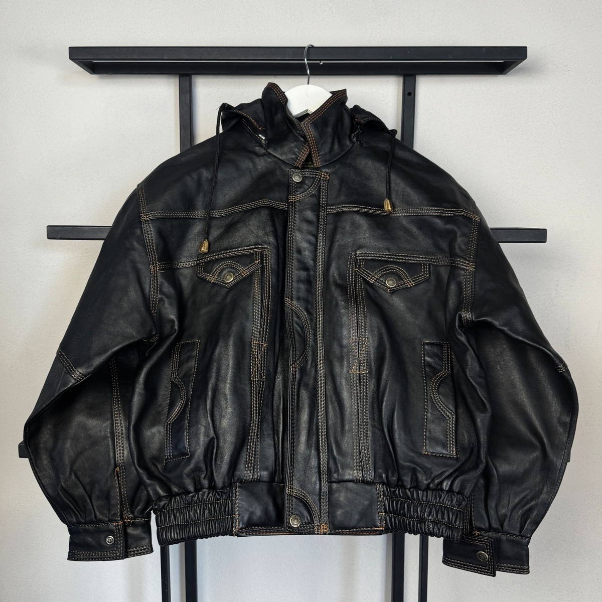 Diesel Leather Jacket Black Y2K Hooded Stitch Logo Biker Vintage