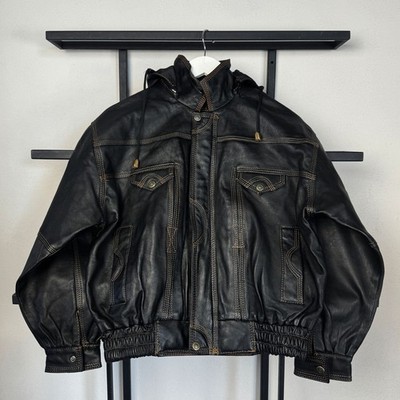 Diesel Leather Jacket Black Y2K Hooded Stitch Logo Biker Vintage