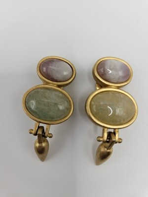 Vintage ANN TAYLOR Purple/Green Gemstones Gold-tone Clip-on Earrings Oval 1.5''