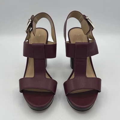 Michael Kors Becker T-Strap Slingback Sandals Sz 8.5 Burgundy Leather Block Heel - Image 1 of 4