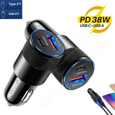 38W 12V USB C Car Phone Fast Charger Adapter PD/QC USB A Cigarette Lighter Plug