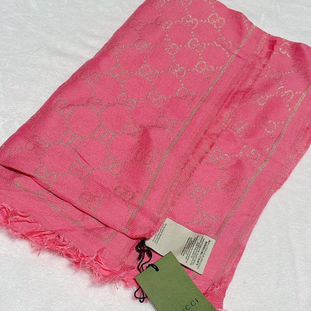 Gucci GG Logo Grand Châle Écharpe Silencieux Rose Bleu Or avec Étiquettes