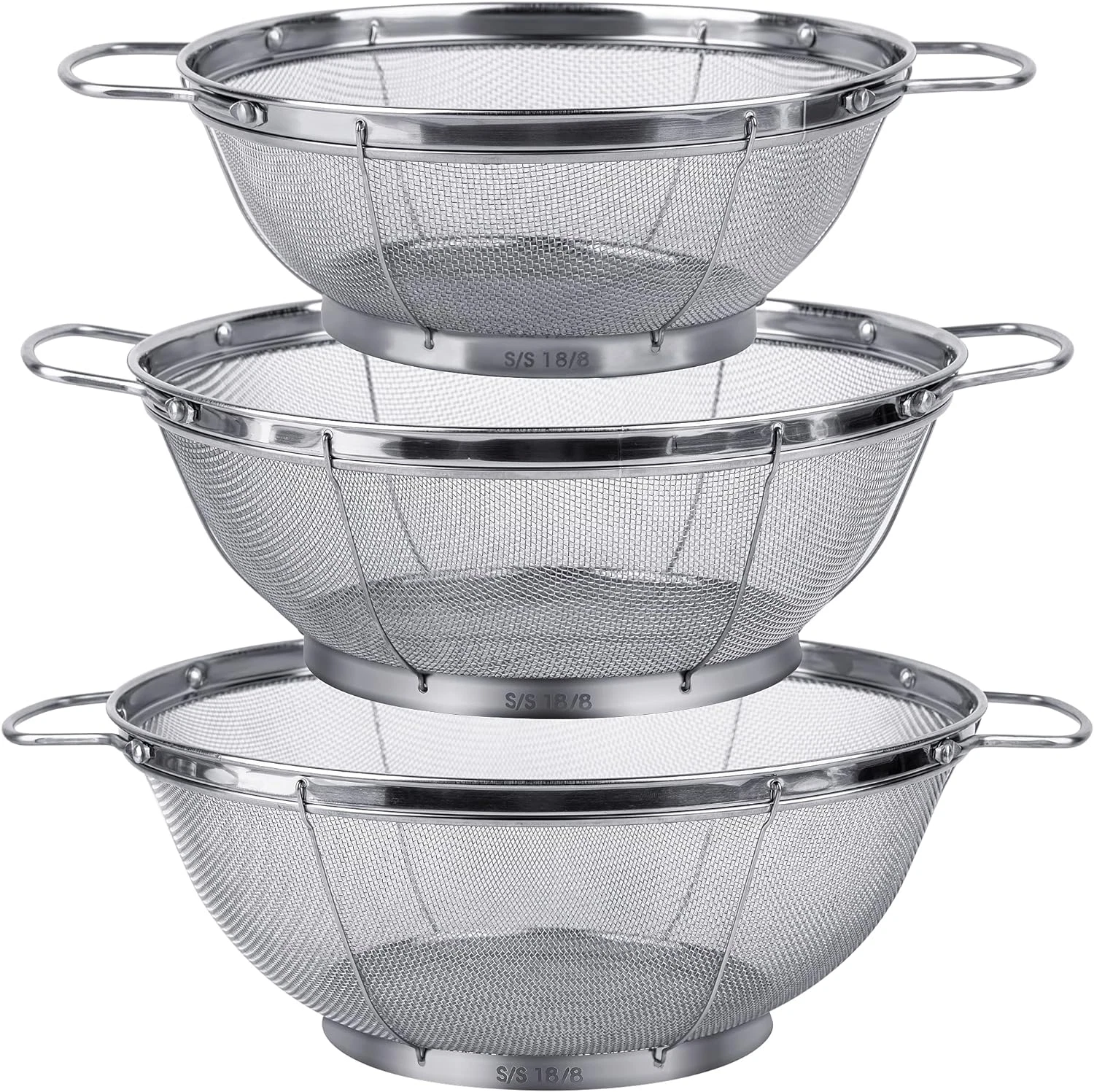 3 Pack 18/8 Stainless Steel Colander Sieves(5-Quart, 4-Quart and 3-Quart), Mesh