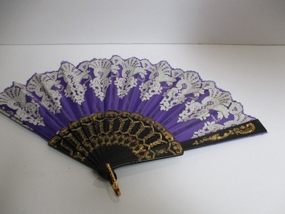 Purple And Black Oriental hand Held Folding Fan Gold Glitter Design 8'' Long
