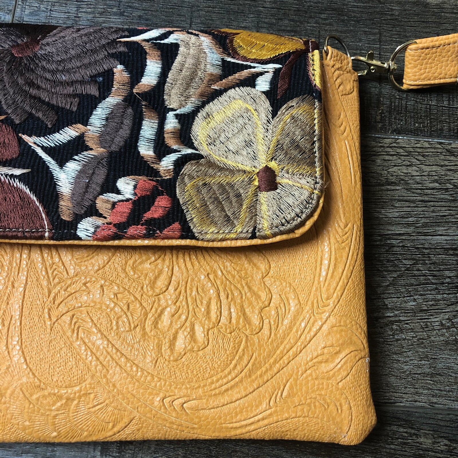 Mustard Floral Embroidered Crossbody Bag Purse Gem