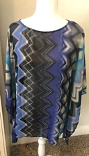 New SUSAN GRAVER Sz M Blue Black Tie Dye Chiffon TUNIC Scarf TOP BOHO Cover Up
