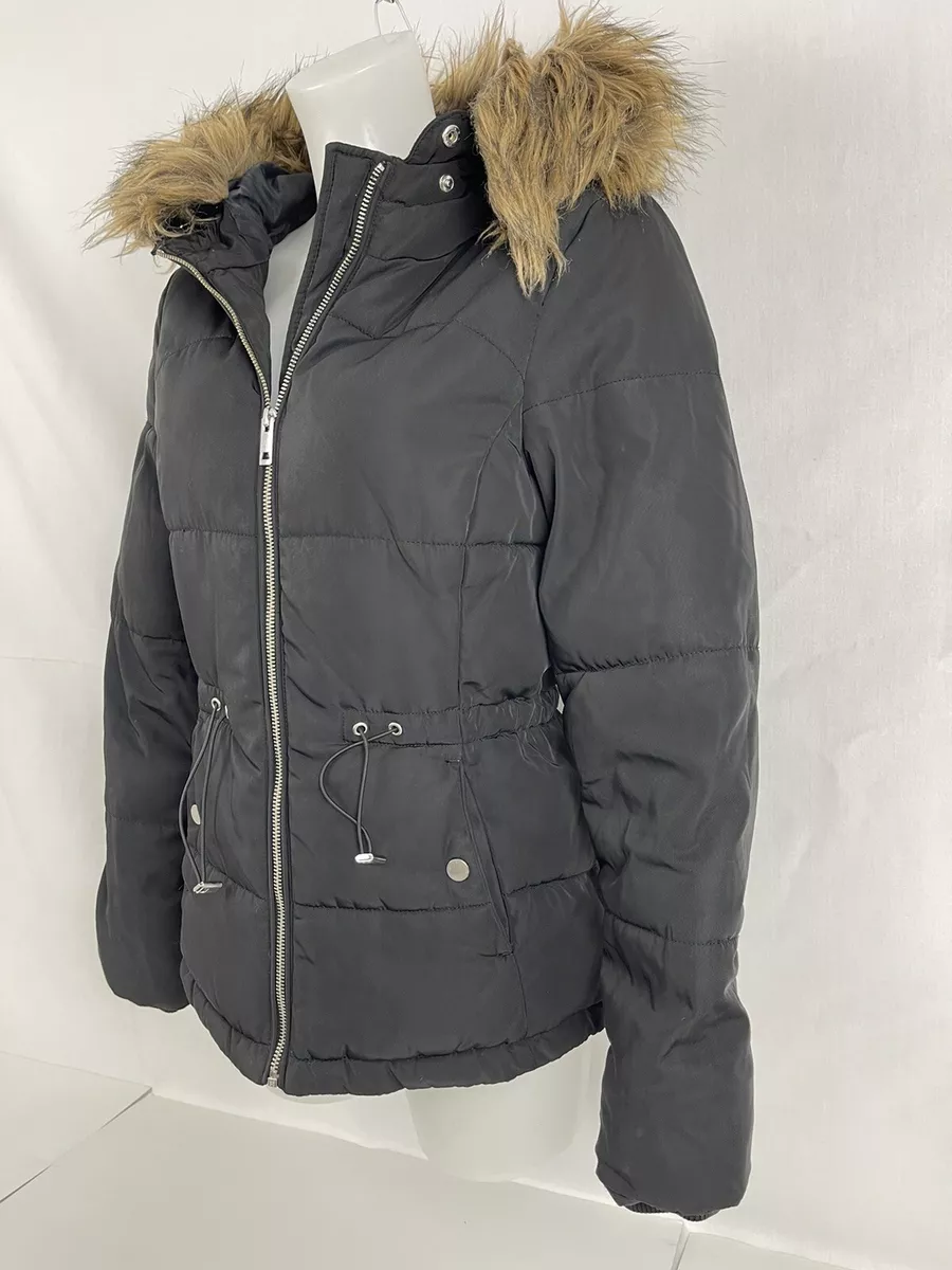 H M Divided Ladies Puffer Jacket Waffle Coat Warm Black Faux Fur UK Size XS