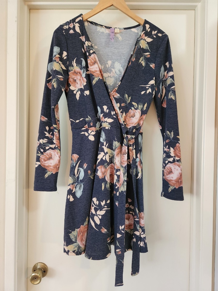 Alya Women's Sash Belt Wrap Style Dress Gray-Blue Pink Floral Size Large Alya Women's Sash Belt Wrap Style Dress Gray-Blue Pink Floral Size Large