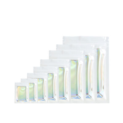 White Mylar Food Packaging Bags, Holographic Foil Snack Bags with Clear Window