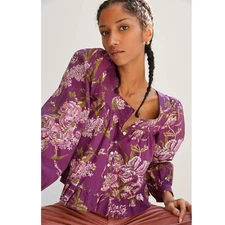 260327 Love The Label Anthropologie Floral Puff-Sleeved Blouse Top Buttondown M