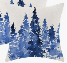 Blue TREES Nature Scenic Wildlife Linen Throw Pillow Cover Fall Home Decor