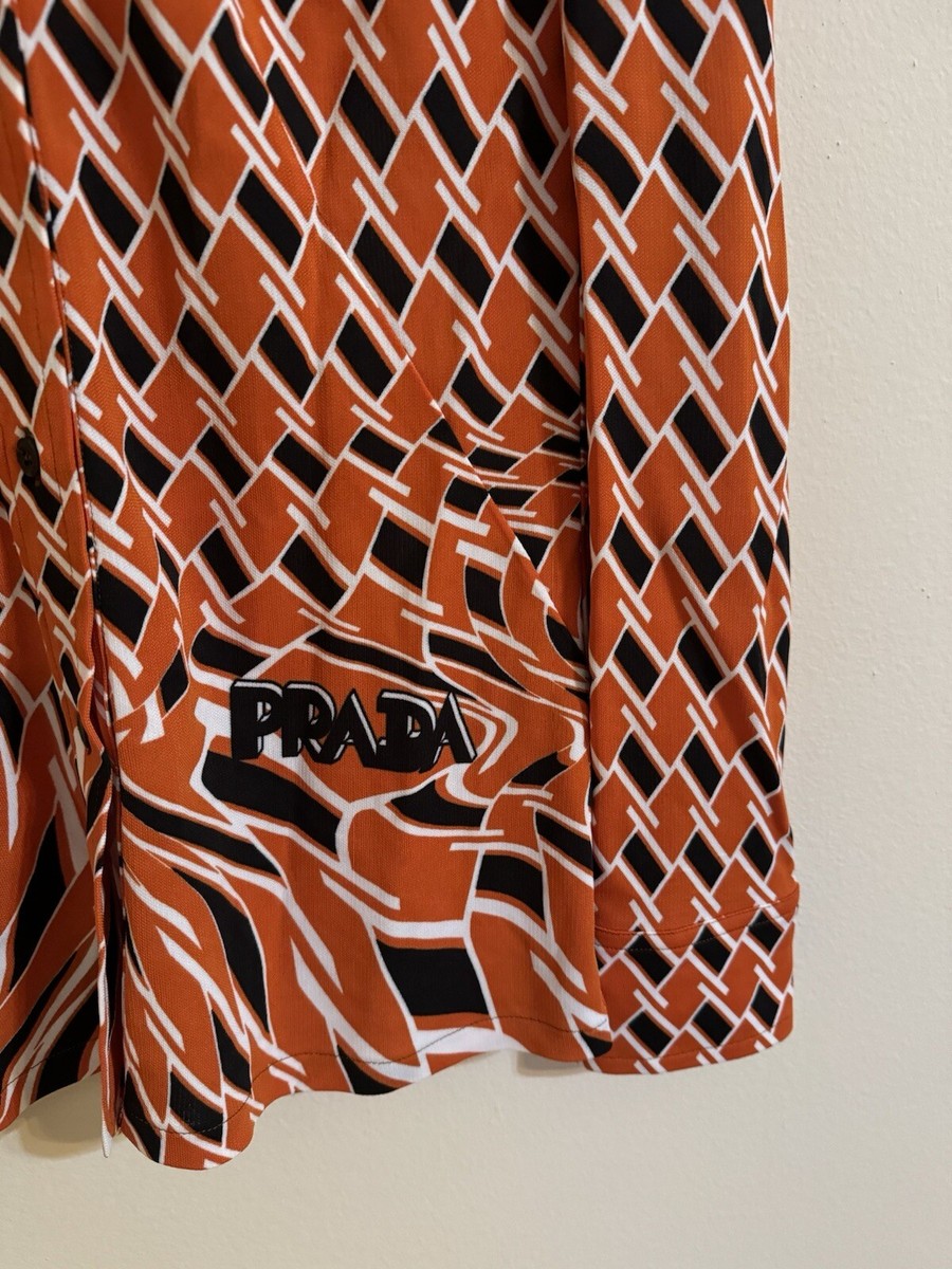Prada Printed Crepe De Chine Button Up Shirt Top Geometric
