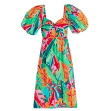 Farm Rio Multicolor Banana Foliage Puff Sleeve Midi Dress 👗 size L