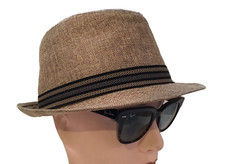 Mens Stetson Traveler Fedora Tribly Hat Tan Linen look polyester w/ band Sz L