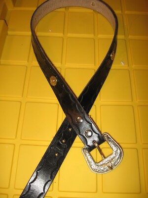 Black Leather Tooled Belt 1.5'' x 46'' 12 ga Conchos & Ornate Silver Buckle