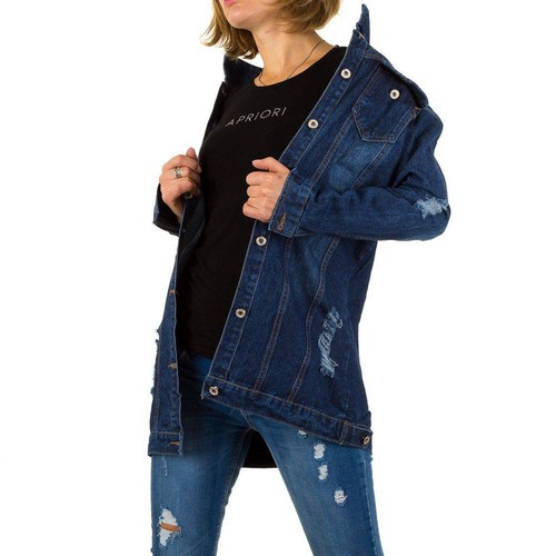 Fashion women ladies denim Jacket dark blue distressed long Line jacket