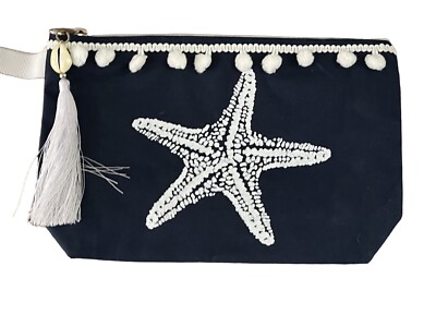 Hawaii Coco Mango Navy Starfish Canvas Pom Pom Trim Zip Make Up Bag Wristlet New