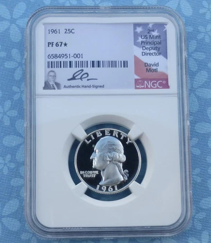 1961 NGC PF 67 Star Washington Silver Quarter, David Motl Signed Label, Pop 1
