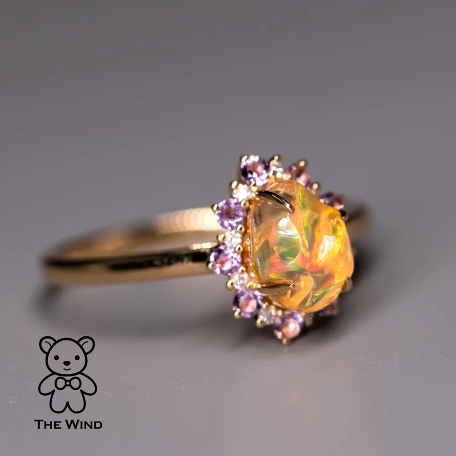 Stunning Mexican Fire Opal Amethyst Diamond Engagement Halo Ring 18K Yellow Gold - Image 2 of 4
