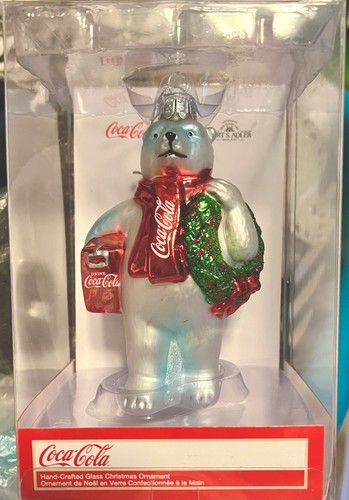 Coca-Cola Kurt Adler Hand Crafted Glass Christmas Ornament Polar Bear & Wreath - Picture 2 of 7