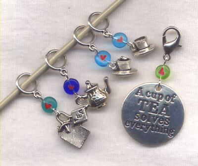 Tea Party Knitting Stitch Markers Cuppa Tea Pot Coffee LACE Set of 5/SM111