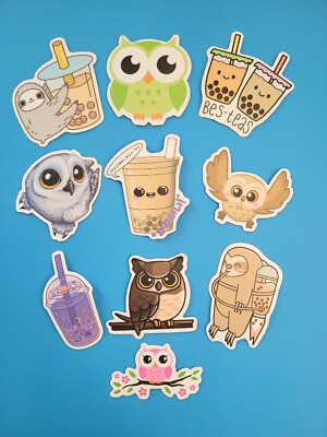 STICKERS x 10 Owl & Boba Milk Tea Cartoon Cute Sticker JUL240