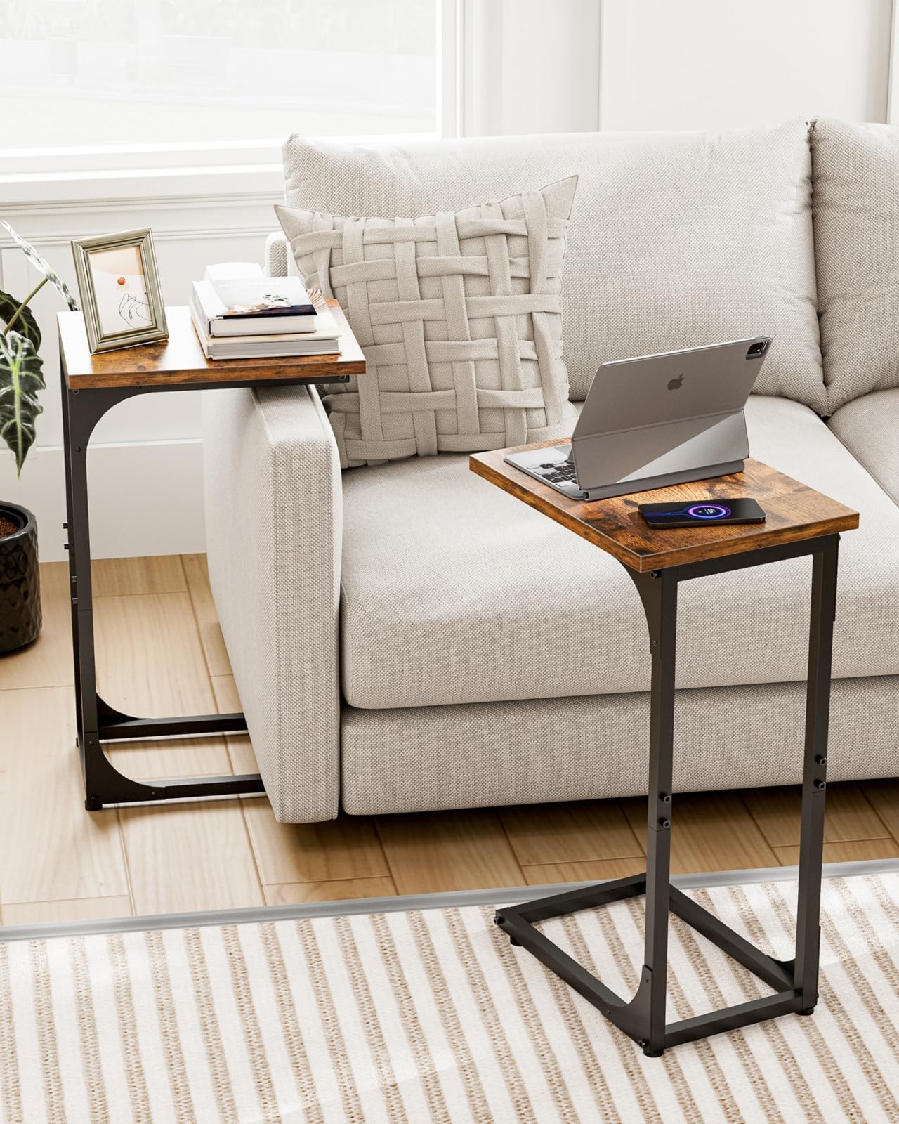 C-Shaped Side Table for Couch - Small Coffee Stand Sofa Tray Desk with Metal ...