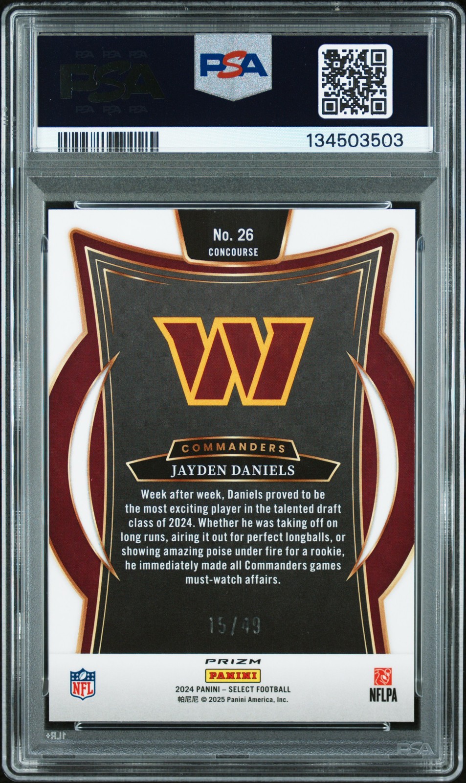 2024 Panini Select #26 Jayden Daniels Red Disco Prism PSA 10 #/49 view 2
