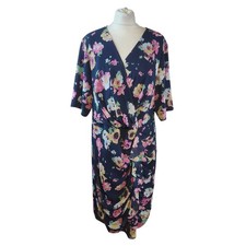 GINA BACCONI Floral Faux Wrap Midi Dress Size 20 Navy Draped Ruffle Lined