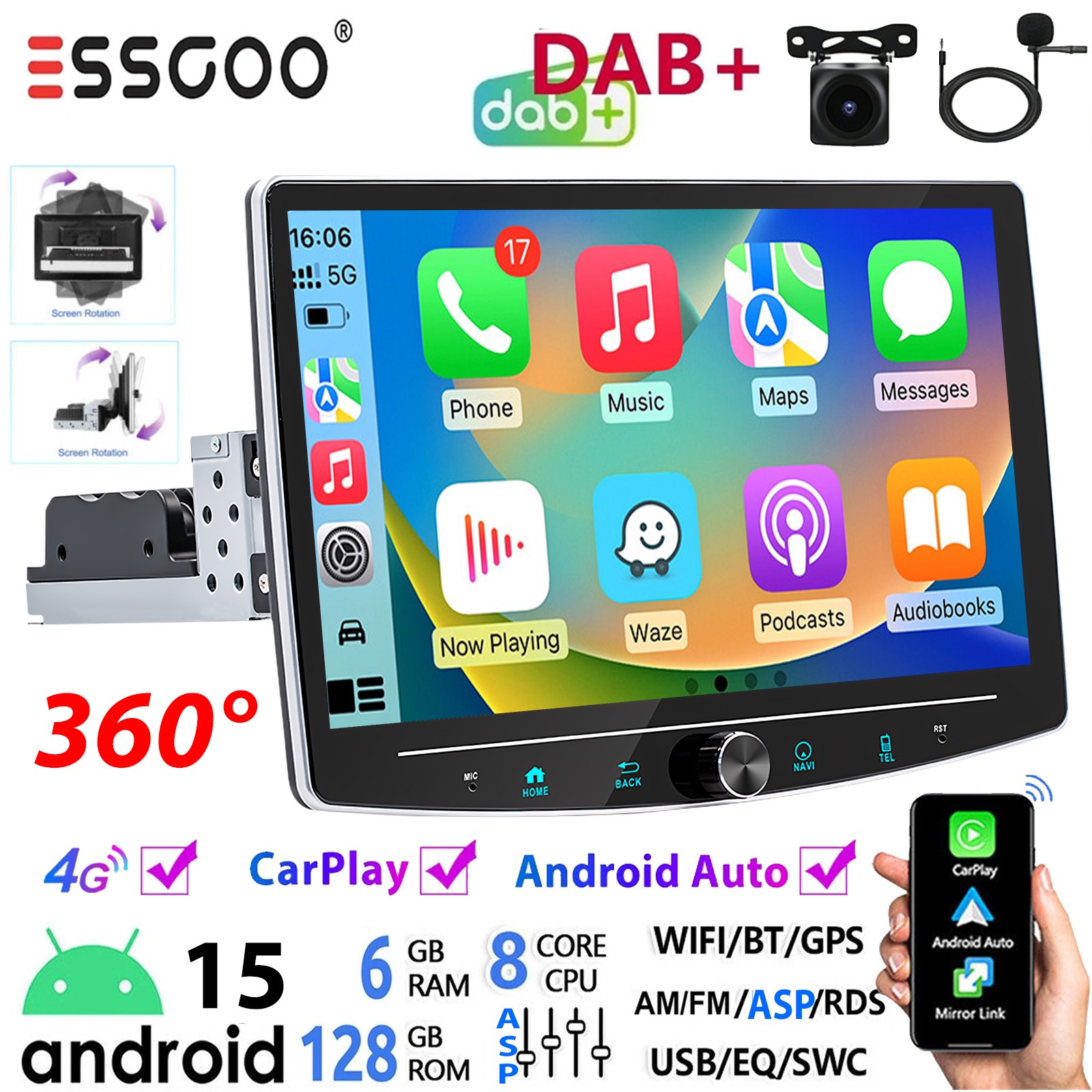 DAB+ 6+128G Android Carplay Autoradio 4G GPS Navi 1 DIN 360° Girevole Schermo