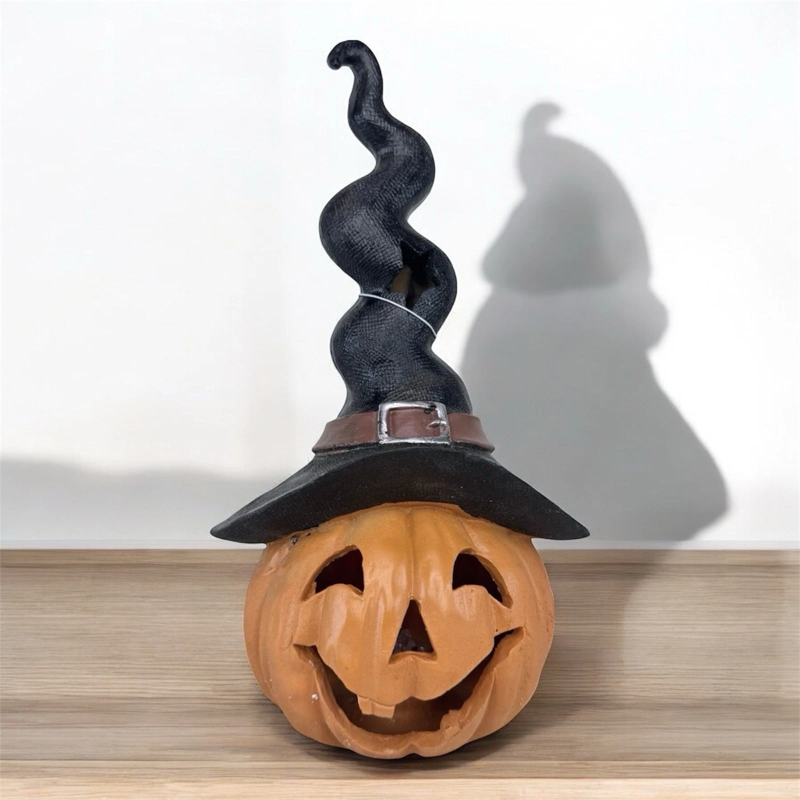 Ghoulish Black/Orange Pumpkin with a Witch Hat Light Up Halloween Figurine