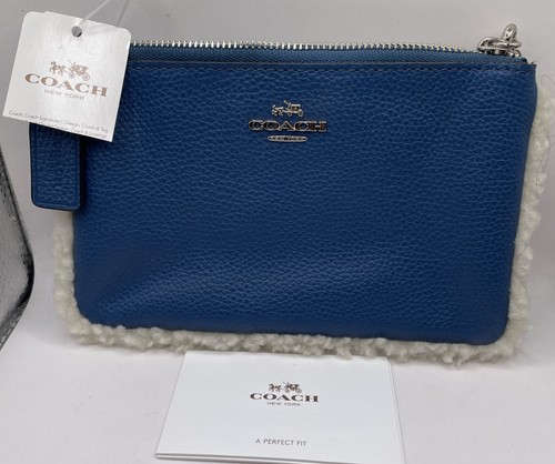 Coach Small Wristlet F64709 Slate Blue/Shearling  Shearling  Trim NWT