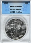 1987   $1 Silver Eagle ANACS Grade MS70 Graded Coin