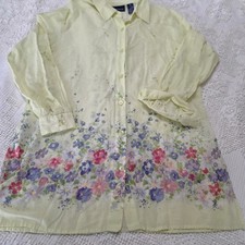 Liz Claiborne Lizsport Vintage Womens Med Shirt Sheer Yellow Floral Cottagecore