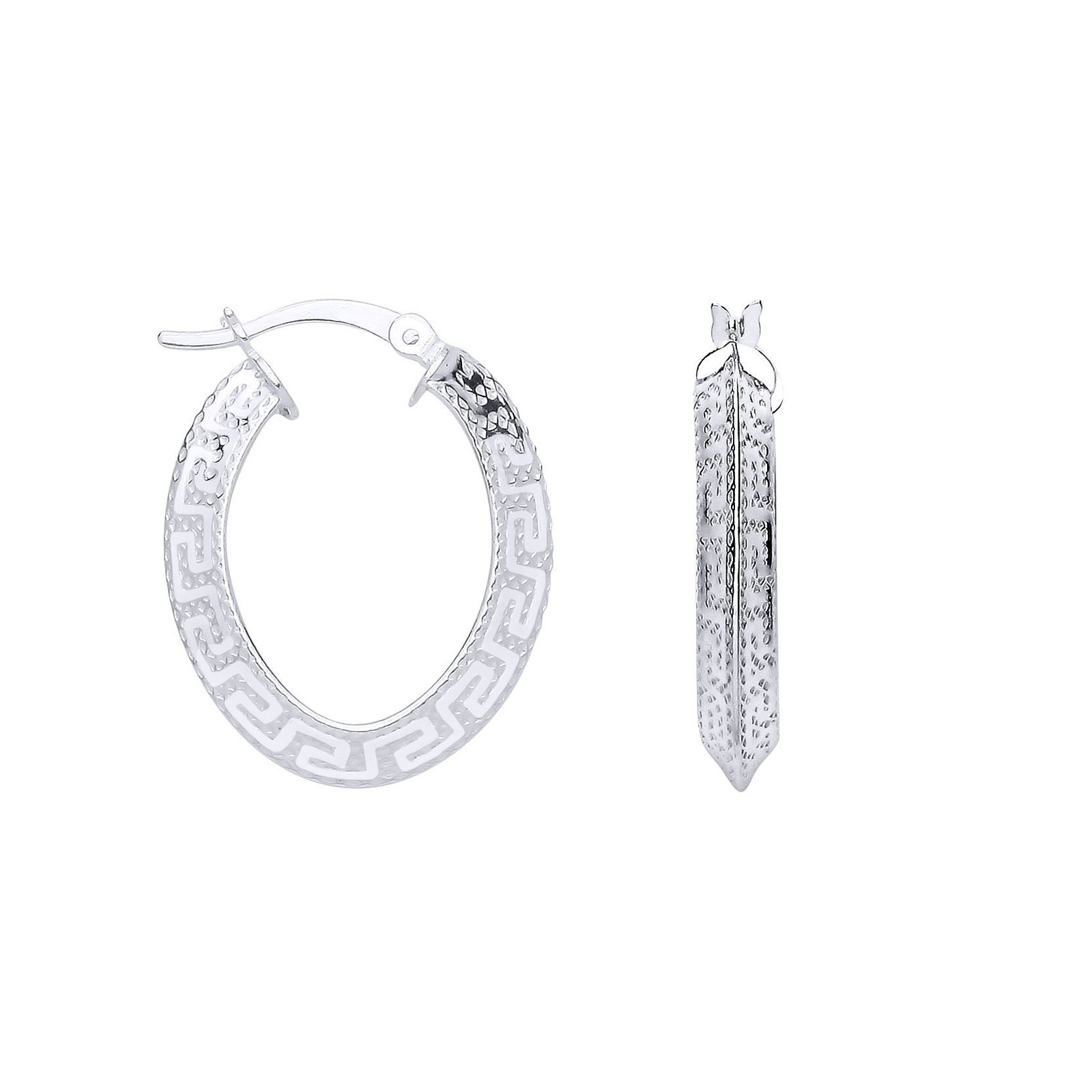 Silver Jewelco London Knife Edge Greek Eye Flat Oval Hoop Creole Earrings