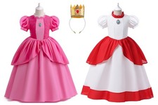 Kids Princess Peach Cosplay Dress Costume Princess Roleplay Crow Accessories