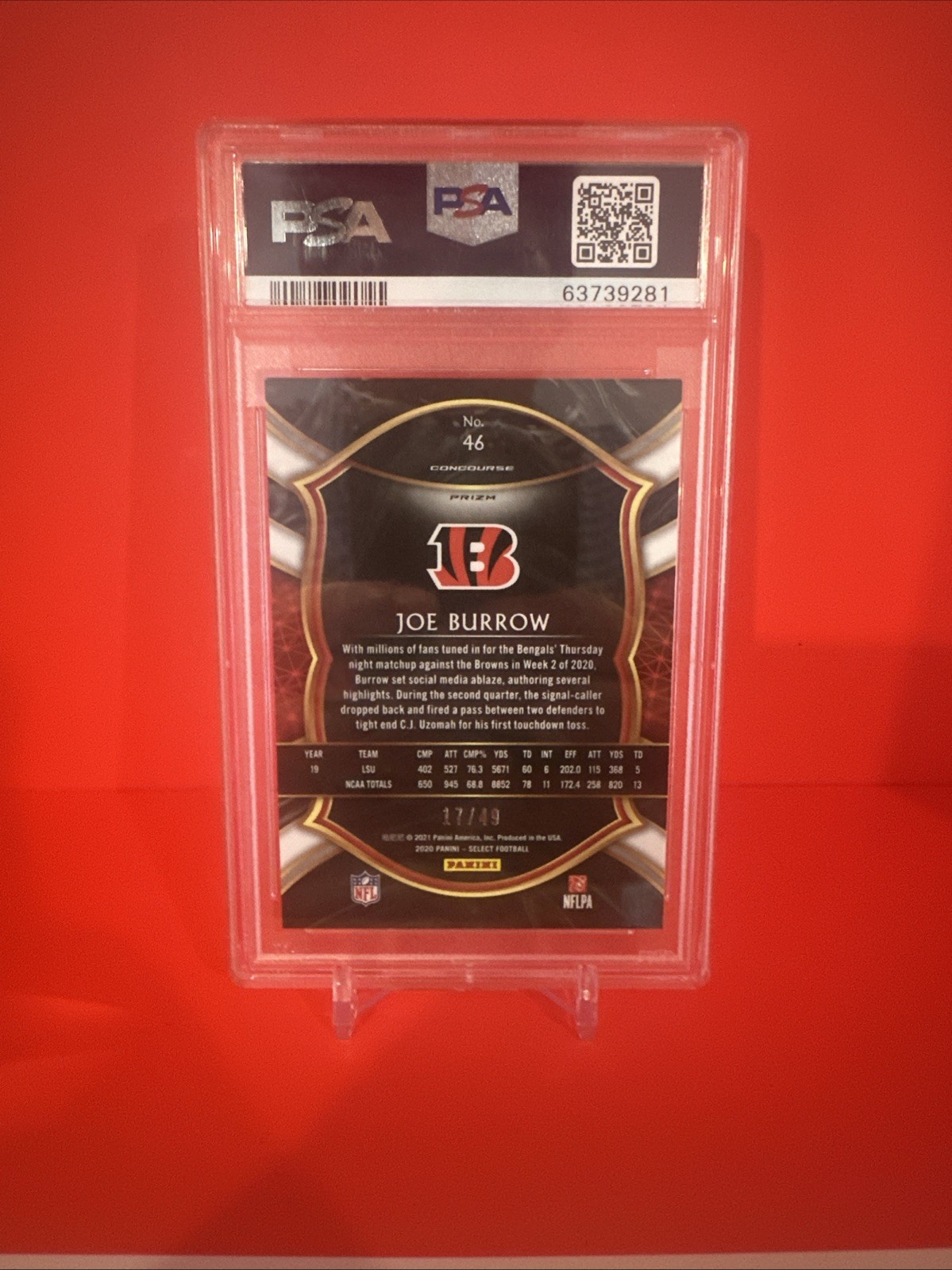 2020 Panini Select Joe Burrow Orange /49 #46 PSA 10 Gem Rookie RC Bengals view 3