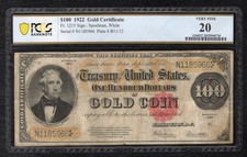 FR 1215 1922 $100 &ldquo;BENTON&rdquo; GOLD CERTIFICATE NOTE PCGS BANKNOTE VERY FINE-20