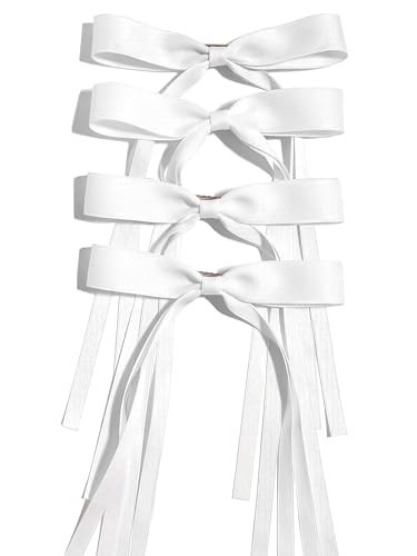 Hair Bows Clips Ribbon Bowknot with Long Tail 4pcs White Hair Bows Barrettes