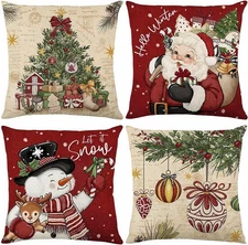 Christmas Pillow Covers 18x18 inch Set of 4 Santa Claus Snowman Decorative Vinta