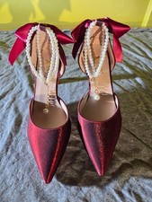 Damskie bordowe buty ślubne z perłowymi ramiączkami - Rozmiar 5.5 - Satyna/Błyszczące - NOWE