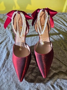 Women's Burgundy Wedding Shoes with Pearl Straps - Size 5.5 - Satin/Shiny - NEW