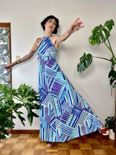 70s Deadstock Sirena Halter Maxi Dress Mix Pattern Geometric M/L Disco OP Art