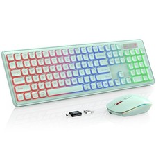 Wireless Keyboard And Mouse Combo RGB Backlit Rechargeable Mint Green Quiet