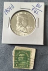 1954 D Franklin Half Dollar BU FBL – 90% Silver. Bonus 1908 1c Franklin Stamp