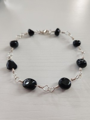 Black Jasper handmade, silver coated copper wire jewelry, nickel free claw clasp